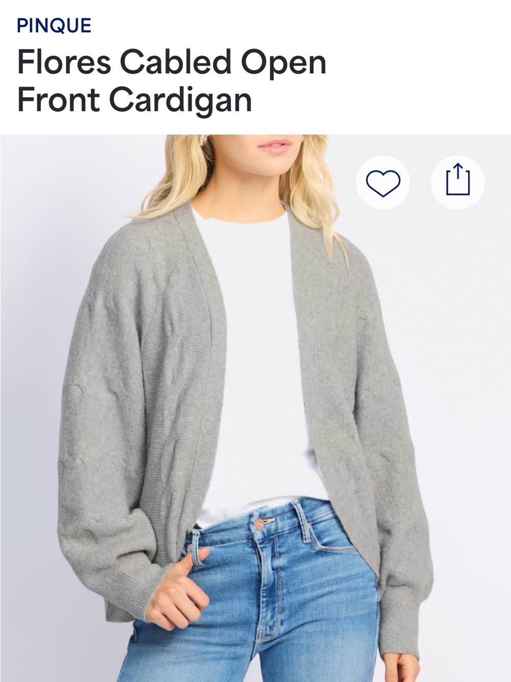 NWT Cable Open Front Cardigan, bubble sleeve - Pinque Gray Flores